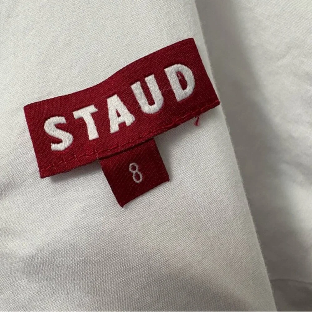 STAUD Finely Twisted Front Midi Dress Classic White V-Neck Puff Sleeve, Size 8 - Picture 11 of 14